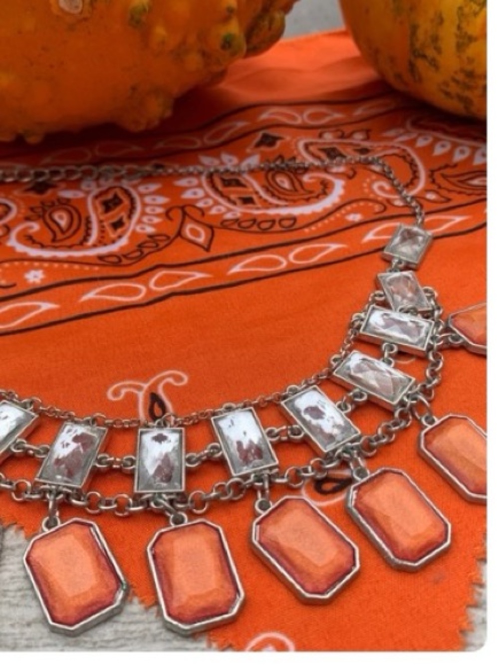 Statement Orange and Silver Gemstone Necklace - Unbranded